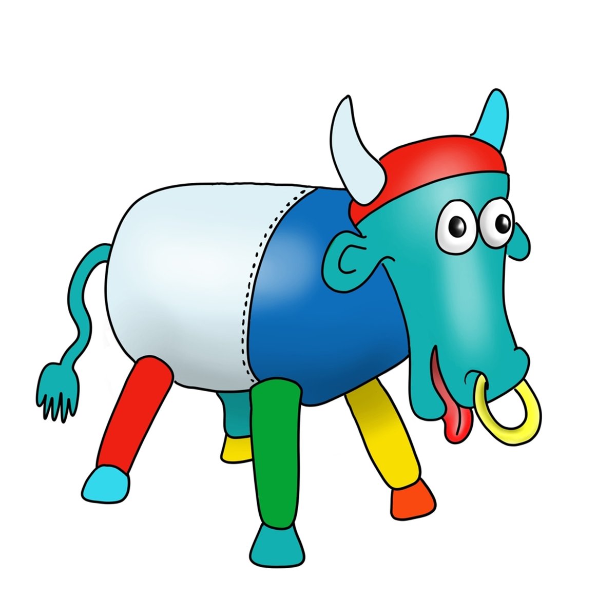 Steel drum cow in blue, teal and white
